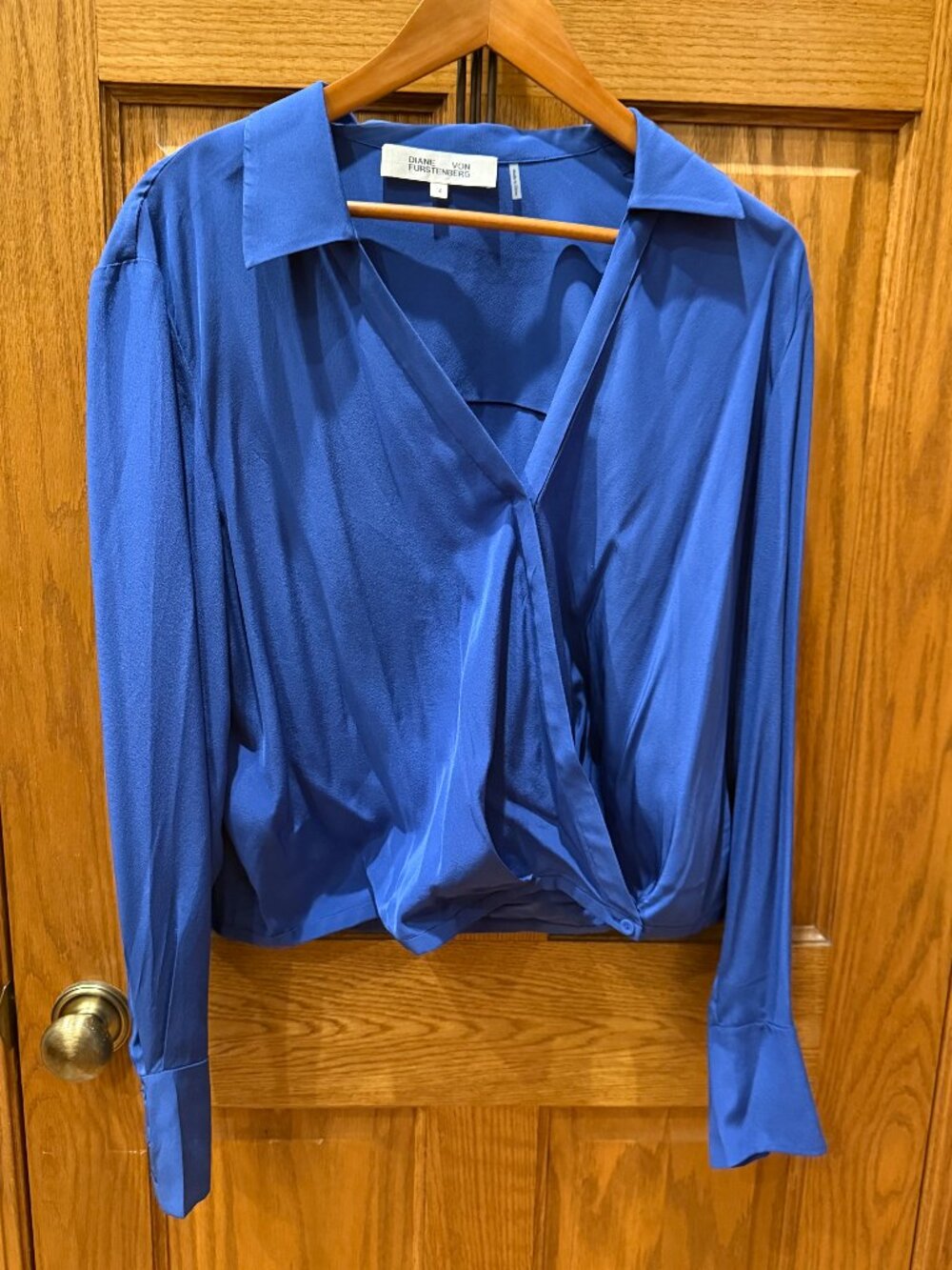 Diane Von Furstenberg Cobalt Blue silk Faux Wrap Blouse, SZ 14